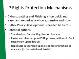IP Rights Protection Mechanisms Cybersquatting and Phishing is too quick and easy, and remedies are too expensive and slow ICANN Policy Development is needed to fix this Potential options: Standardized Sunrise Registration Process Faster and cheaper pre-UDRP process, with rapid DNS suspension upon default Rapid DNS suspension upon evidence of phishing or malware (to be tested in dotAsia?) 