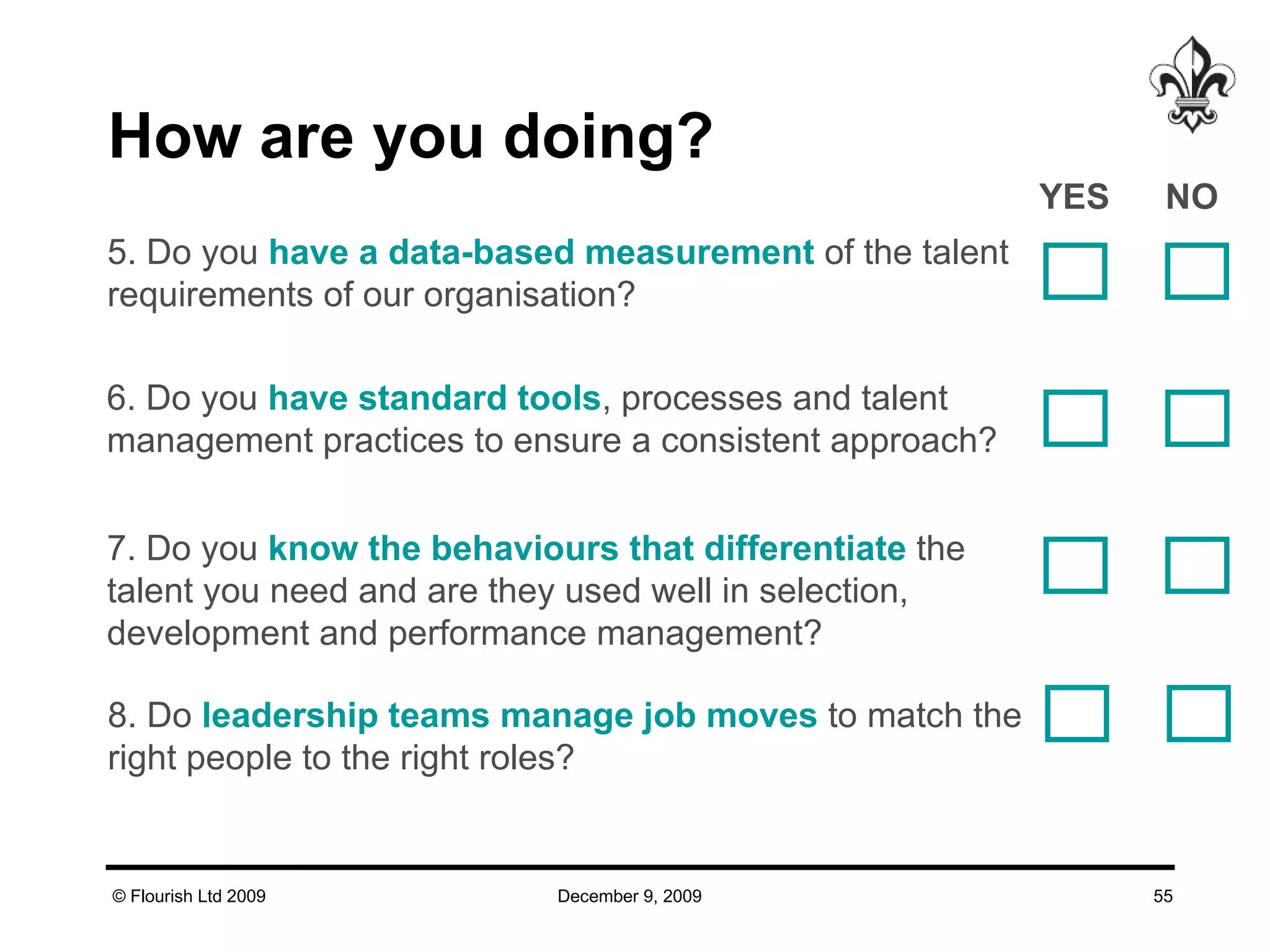 How are you doing? 5. Do you  have a data-based measurement  of the talent requirements of our organisation?  6. Do you  have standard tools , processes and talent management practices to ensure a consistent approach?  7. Do you  know the behaviours that differentiate  the talent you need and are they used well in selection, development and performance management?  8. Do  leadership teams   manage job moves  to match the right people to the right roles?  YES NO  