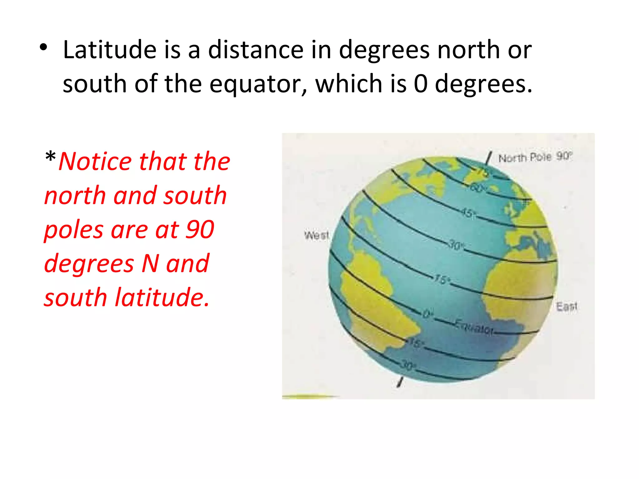 Latitude is a distance in degrees north or south of the equator, which is 0 degrees.  * Notice that the north and south poles are at 90 degrees N and south latitude. 