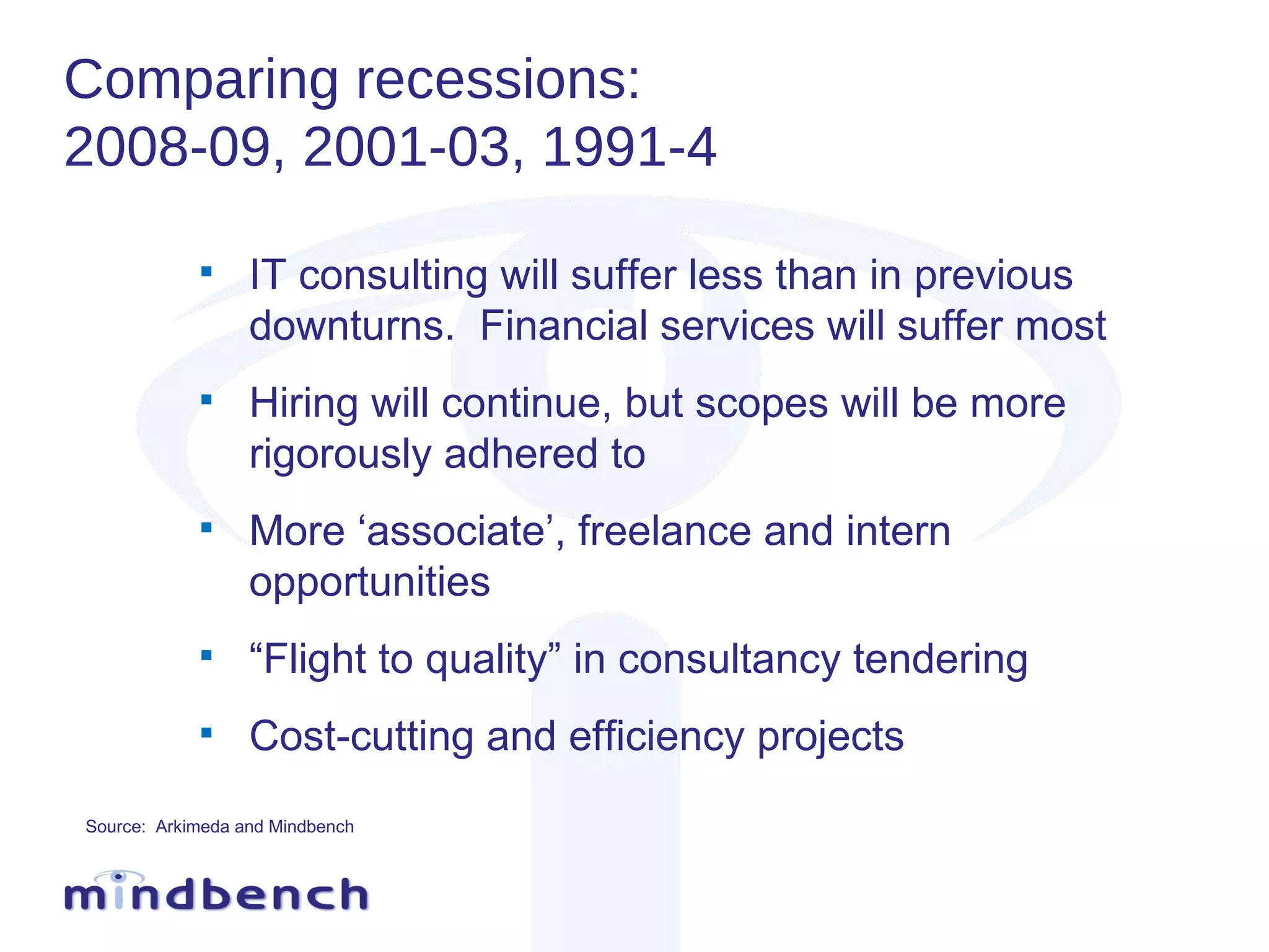 Comparing recessions:  2008-09, 2001-03, 1991-4 IT consulting will suffer less than in previous downturns.  Financial services will suffer most Hiring will continue, but scopes will be more rigorously adhered to More ‘associate’, freelance and intern opportunities “ Flight to quality” in consultancy tendering Cost-cutting and efficiency projects Source:  Arkimeda and Mindbench 