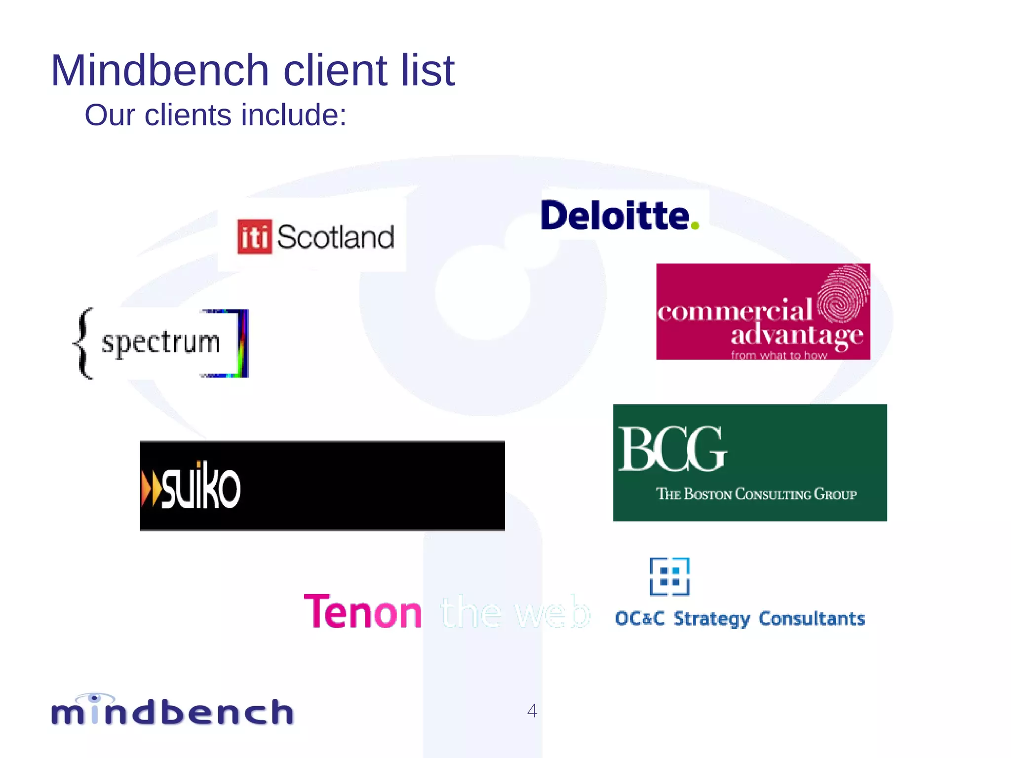 Mindbench client list Our clients include: 