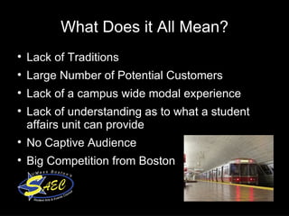 What Does it All Mean? Lack of Traditions Large Number of Potential Customers  Lack of a campus wide modal experience Lack of understanding as to what a student affairs unit can provide  No Captive Audience  Big Competition from Boston  