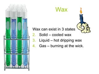 Wax Wax can exist in 3 states Solid – cooled wax Liquid – hot dripping wax Gas – burning at the wick.  