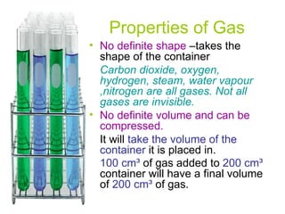 Properties of Gas No definite shape  –takes the shape of the container  Carbon dioxide, oxygen, hydrogen, steam, water vapour ,nitrogen are all gases. Not all gases are invisible. No definite volume and can be compressed. It will  take the volume of the container  it is placed in.  100 cm ³  of gas added to  200 cm³  container will have a final volume of  200 cm³  of gas.  