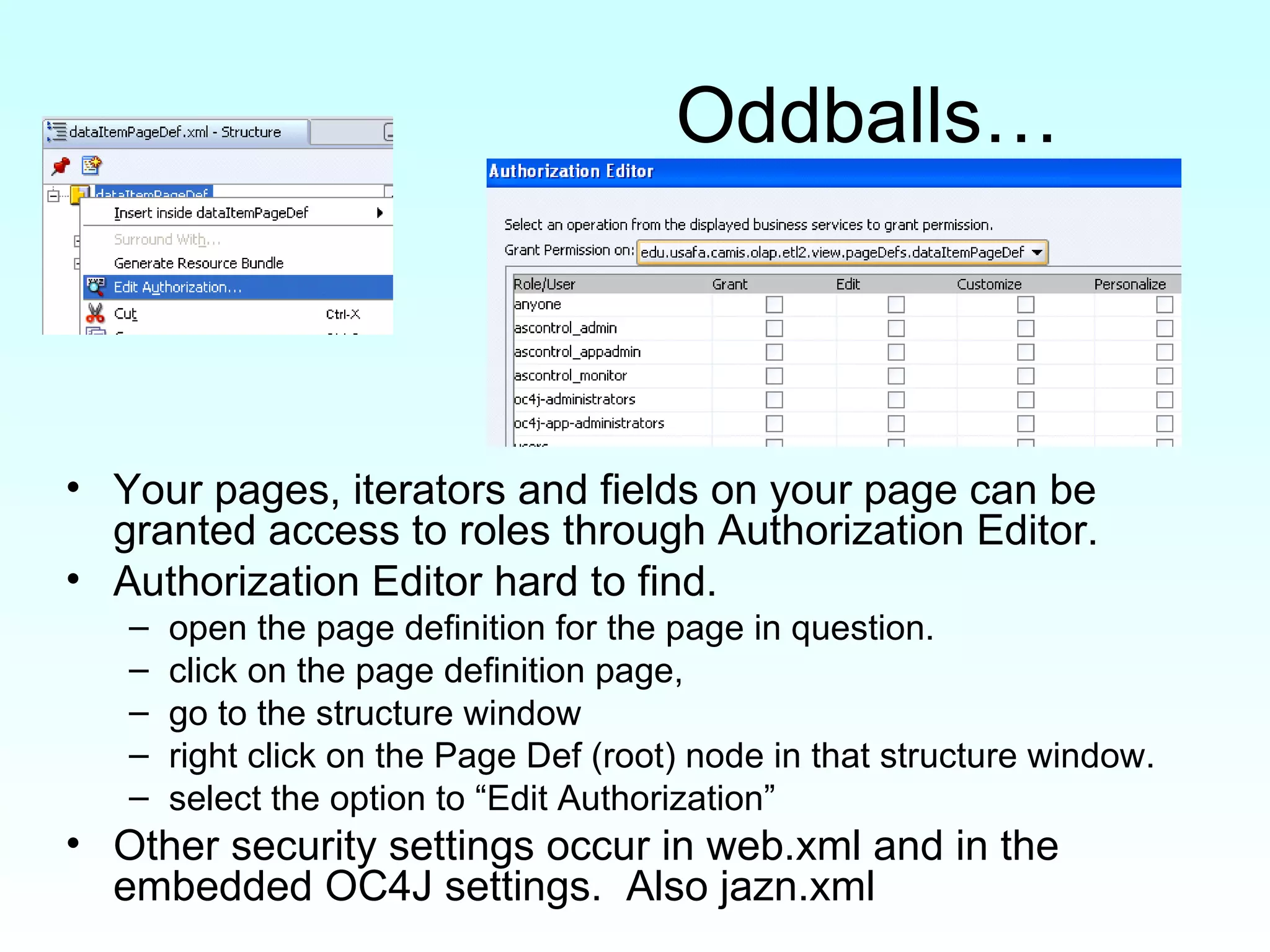 Oddballs… Your pages, iterators and fields on your page can be granted access to roles through Authorization Editor. Authorization Editor hard to find.  open the page definition for the page in question.  click on the page definition page,  go to the structure window right click on the Page Def (root) node in that structure window.  select the option to “Edit Authorization” Other security settings occur in web.xml and in the embedded OC4J settings.  Also jazn.xml 