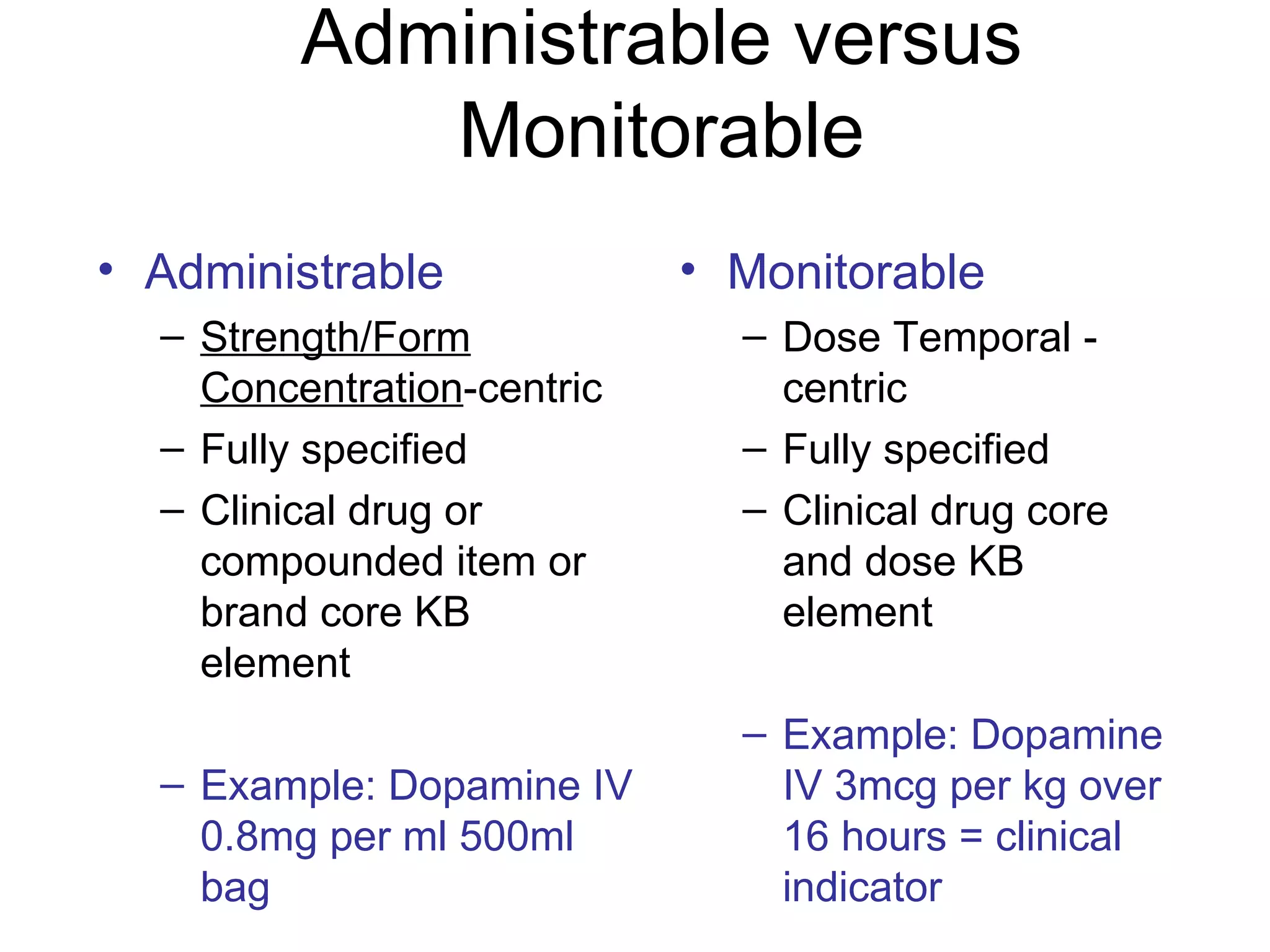 Administrable versus Monitorable Administrable Strength/Form Concentration -centric Fully specified Clinical drug or compounded item or brand core KB element Example: Dopamine IV 0.8mg per ml 500ml bag Monitorable Dose Temporal - centric Fully specified Clinical drug core and dose KB element Example: Dopamine IV 3mcg per kg over 16 hours = clinical indicator 