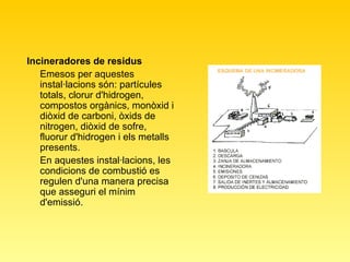Incineradores de residus   Emesos per aquestes instal·lacions són: partícules totals, clorur d'hidrogen, compostos orgànics, monòxid i diòxid de carboni, òxids de nitrogen, diòxid de sofre, fluorur d'hidrogen i els metalls presents.  En aquestes instal·lacions, les condicions de combustió es regulen d'una manera precisa que asseguri el mínim d'emissió. 