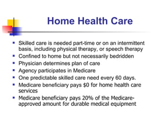 Home Health Care Skilled care is needed part-time or on an intermittent basis , including physical therapy, or speech therapy   Confined to home but not necessarily bedridden Physician determines plan of care Agency participates in Medicare One predictable skilled care need every 60 days. Medicare beneficiary pays  $0 for home health care services Medicare beneficiary pays 20% of the Medicare-approved amount for durable medical equipment 