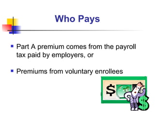 Who Pays Part A premium comes from the payroll tax paid by employers, or Premiums from voluntary enrollees 