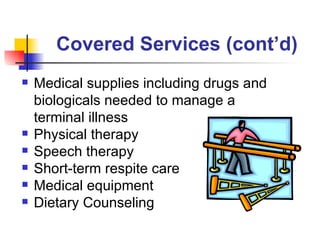 Covered Services (cont’d)  Medical supplies including drugs and biologicals needed to manage a terminal illness Physical therapy Speech therapy Short-term respite care Medical equipment Dietary Counseling  