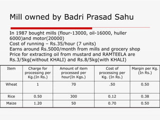 Mill owned by Badri Prasad Sahu In 1987 bought mills (flour-13000, oil-16000, huller 6000)and motor(20000)  Cost of running – Rs.35/hour (7 units) Earns around Rs.5000/month from mills and grocery shop Price for extracting oil from mustard and RAMTEELA are Rs.3/5kg(without KHALI) and Rs.8/5kg(with KHALI)    0.50 0.70 50 1.20 Maize 0.38 0.12 300 0.50 Rice 0.50 .50 70 1 Wheat Margin per Kg. (In Rs.) Cost of processing per Kg. (In Rs.) Amount of item processed per hour(In Kgs.) Charge for processing per Kg.(In Rs.) Item 
