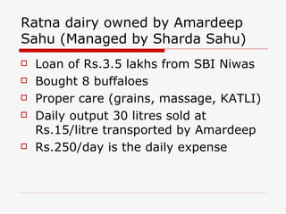 Ratna dairy owned by Amardeep Sahu (Managed by Sharda Sahu) Loan of Rs.3.5 lakhs from SBI Niwas Bought 8 buffaloes Proper care (grains, massage, KATLI) Daily output 30 litres sold at Rs.15/litre transported by Amardeep Rs.250/day is the daily expense 