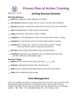 Proven Plan of Action Training
                                   Getting Started Checklist
The First 48 Hours
__ Enroll by completing an online application for $39.00.

__ Get Started by placing an initial order for (1) one or (2) two cases of MonaVie.

__ Activate by placing a monthly Auto-Ship order for at least (1) one case of MonaVie.

__ Start sampling product to family, friends and associates.

__ Study the MonaVie “Proven Plan of Action” Training.

__ Complete the “Time Management” sheets in the Proven Plan of Action” Training.

__ Complete the “Goal Setting” sheets in the Proven Plan of Action” Training.

__ Complete the ”Prospect List.” sheet in the Proven Plan of Action” Training.
             (Email your top 20 contacts to your up-team partners)

__ Develop a close working relationship with your up-team partners.

__ Participate and prepare your schedule for the Live Weekly Conference Calls.
      (See the “Conference Call Schedule” page)

The First 7 Days
__ Register for the next live event in your area (date________) and

__ Organize and prepare your home office and work space.

__ Order flat rate or discount long distance phone service and 3-way calling.

__ Order your own MonaVie business cards.



                              Time Management
Time is a commodity. We all have a limited amount of time to work, relax, visit with friends
and family and build our business. It is important to have a plan to utilize this most
valuable commodity wisely. In each time slot for each day, designate one of the following
activities: W = Work      R = Recreation/Family Time B = Business Time
 