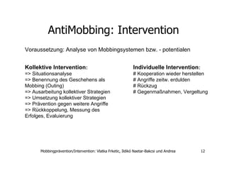 AntiMobbing: Intervention Voraussetzung: Analyse von Mobbingsystemen bzw. - potentialen  Kollektive Intervention :   => Situationsanalyse  => Benennung des Geschehens als Mobbing (Outing)  => Ausarbeitung kollektiver Strategien  => Umsetzung kollektiver Strategien  => Prävention gegen weitere Angriffe  => Rückkoppelung, Messung des Erfolges, Evaluierung Individuelle Intervention :   # Kooperation wieder herstellen # Angriffe zeitw. erdulden # Rückzug # Gegenmaßnahmen, Vergeltung   