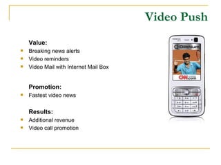 Video Push Value: Breaking news alerts Video reminders Video Mail with Internet Mail Box Promotion: Fastest video news Results: Additional revenue Video call promotion 