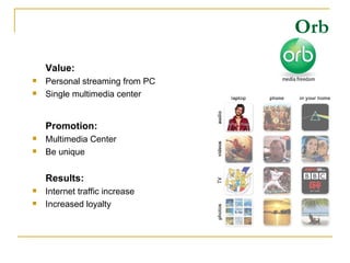 Orb Value: Personal streaming from PC Single multimedia center Promotion: Multimedia Center Be unique Results: Internet traffic increase Increased loyalty 