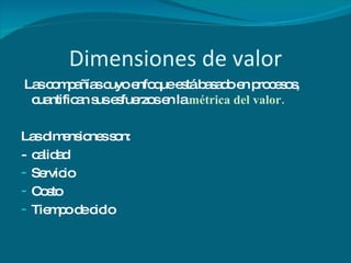 Dimensiones de valor Las compañías cuyo enfoque está basado en procesos, cuantifican sus esfuerzos en la  métrica del valor. Las dimensiones son: -  calidad Servicio Costo Tiempo de ciclo  