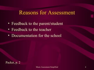 Reasons for Assessment <ul><li>Feedback to the parent/student </li></ul><ul><li>Feedback to the teacher </li></ul><ul><li>...