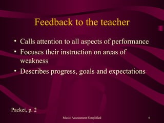 Feedback to the teacher <ul><li>Calls attention to all aspects of performance </li></ul><ul><li>Focuses their instruction ...