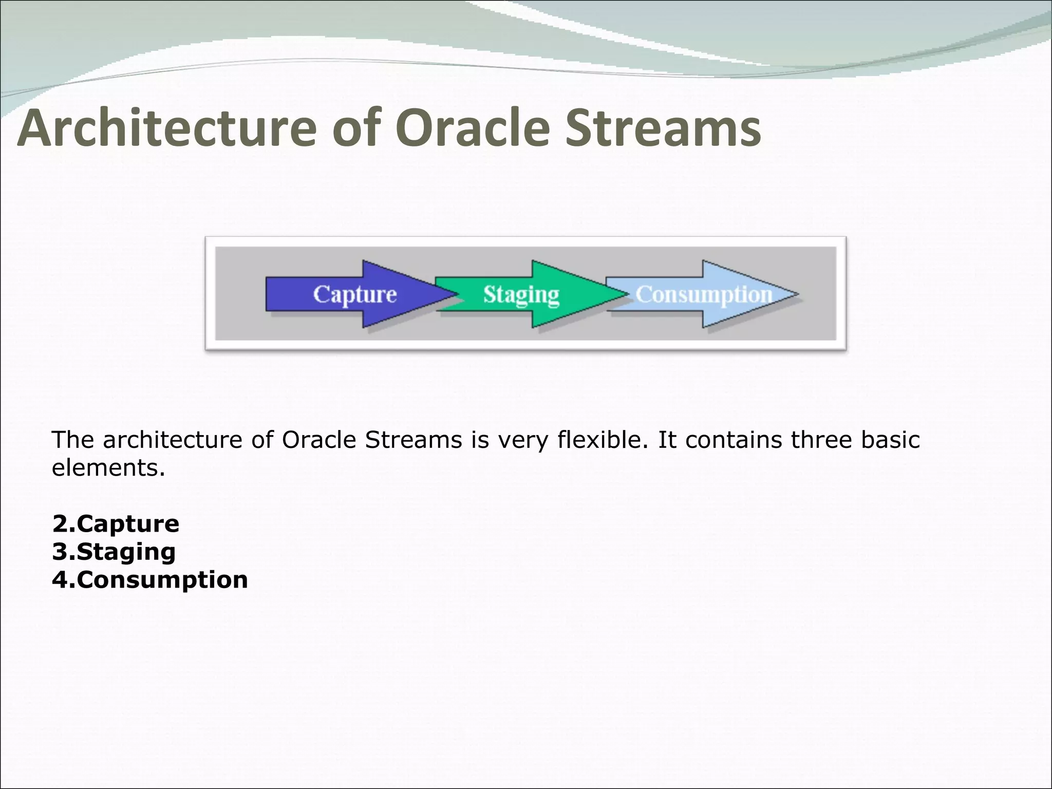 Architecture of Oracle Streams The architecture of Oracle Streams is very flexible. It contains three basic elements.     Capture Staging Consumption 