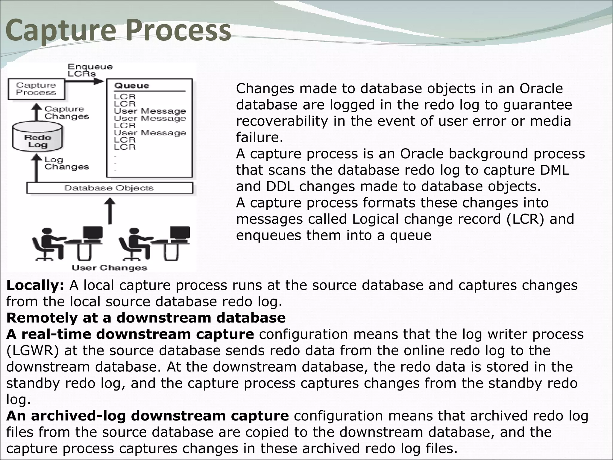 Capture Process Changes made to database objects in an Oracle database are logged in the redo log to guarantee recoverability in the event of user error or media failure.  A capture process is an Oracle background process that scans the database redo log to capture DML and DDL changes made to database objects.  A capture process formats these changes into messages called Logical change record (LCR) and enqueues them into a queue Locally:  A local capture process runs at the source database and captures changes from the local source database redo log. Remotely at a downstream database A real-time downstream capture  configuration means that the log writer process (LGWR) at the source database sends redo data from the online redo log to the downstream database. At the downstream database, the redo data is stored in the standby redo log, and the capture process captures changes from the standby redo log. An archived-log downstream capture  configuration means that archived redo log files from the source database are copied to the downstream database, and the capture process captures changes in these archived redo log files. 