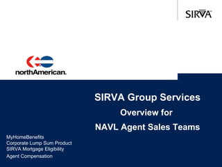 SIRVA Group Services Overview for  NAVL Agent Sales Teams MyHomeBenefits Corporate Lump Sum Product SIRVA Mortgage Eligibility Agent Compensation   