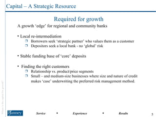 A growth ‘edge’ for regional and community banks Local re-intermediation Borrowers seek ‘strategic partner’ who values them as a customer Depositors seek a local bank - no ‘global’ risk Stable funding base of ‘core’ deposits Finding the right customers Relationship vs. product/price segments Small – and medium-size businesses where size and nature of credit makes ‘case’ underwriting the preferred risk management method.   Capital – A Strategic Resource Required for growth 