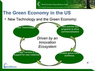 The Green Economy in the US New Technology and the Green Economy: New Technologies New policies and programs to drive commercialization Develop green-collar workforce Leverage success to build support for new initiatives Driven by an Innovation Ecosystem 