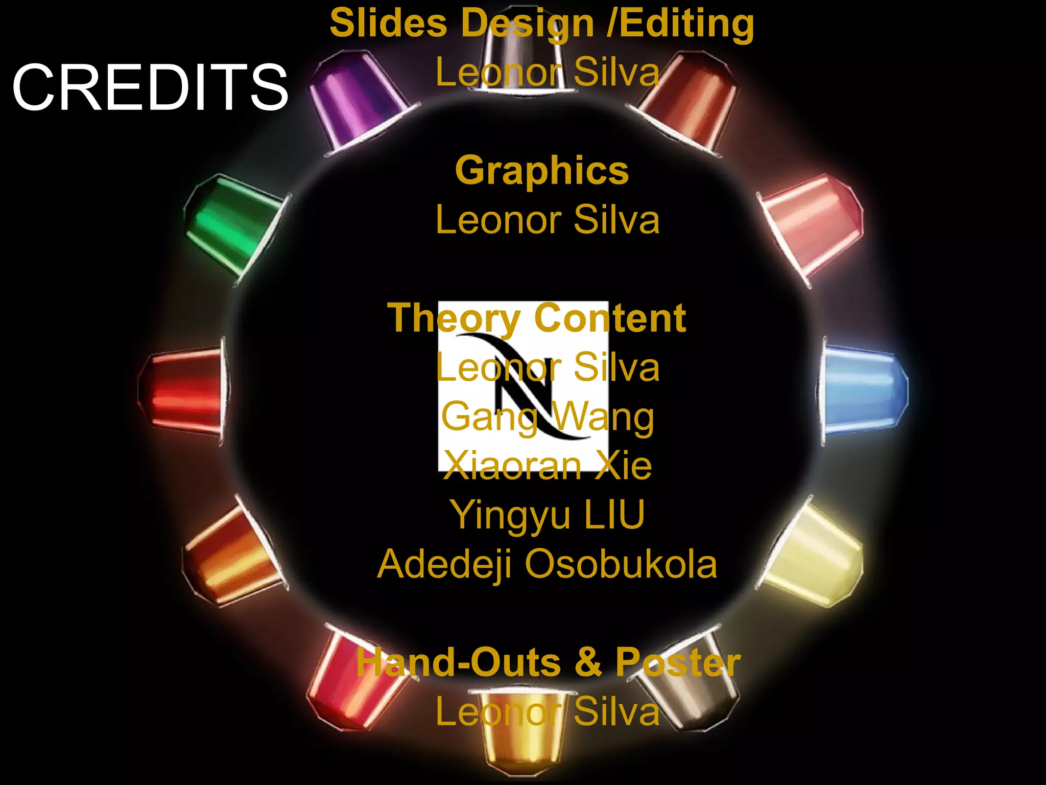 CREDITS Slides Design /Editing  Leonor Silva Graphics  Leonor Silva Theory Content   Leonor Silva Gang Wang Xiaoran Xie Yingyu LIU Adedeji Osobukola Hand-Outs & Poster Leonor Silva 