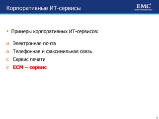 Корпоративные ИТ-сервисы  Примеры корпоративных ИТ-сервисов: Электронная почта Телефонная и факсимильная связь Сервис печати ЕСМ   – сервис   
