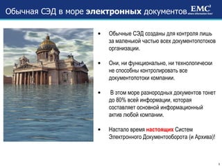 Обычная СЭД в море  электронных  документов Обычные СЭД созданы для контроля лишь за маленькой частью всех документопотоков организации.  Они, ни функционально, ни технологически не способны контролировать все документопотоки компании. В этом море разнородных документов тонет до 80% всей информации, которая составляет основной информационный актив любой компании. Настало время  настоящих  Систем Электронного Документооборота (и Архива)! 