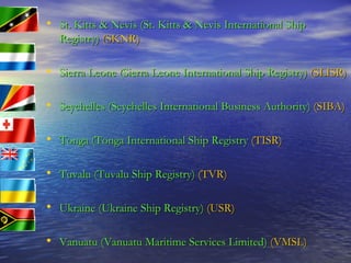 St. Kitts & Nevis (St. Kitts & Nevis International Ship Registry)   (SKNR) Sierra Leone (Sierra Leone International Ship Registry)   (SLISR) Seychelles (Seychelles International Business Authority)   (SIBA) Tonga (Tonga International Ship Registry   (TISR) Tuvalu (Tuvalu Ship Registry)   (TVR) Ukraine (Ukraine Ship Registry)   (USR) Vanuatu (Vanuatu Maritime Services Limited)   (VMSL) 