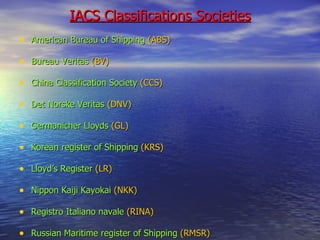IACS Classifications Societies American Bureau of Shipping   (ABS) Bureau Veritas   (BV) China Classification Society   (CCS) Det Norske Veritas  (DNV) Germanicher Lloyds   (GL) Korean register of Shipping   (KRS) Lloyd’s Register   (LR) Nippon Kaiji Kayokai   (NKK) Registro Italiano navale   (RINA) Russian Maritime register of Shipping   (RMSR) 
