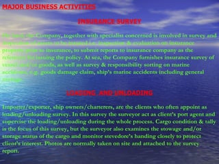 MAJOR BUSINESS ACTIVITIES INSURANCE SURVEY On land, the Company, together with specialist concerned is involved in survey and inspection of assets to be insured i.e. inspection & evaluation on insurance property prior to insurance, to submit reports to insurance company as the reference for issuing the policy. At sea, the Company furnishes insurance survey of vessel and/or goods, as well as survey & responsibility sorting on marine accidents, e.g. goods damage claim, ship’s marine accidents including general average.    LOADING  AND UNLOADING Importer/exporter, ship owners/charterers, are the clients who often appoint as loading/unloading survey. In this survey the surveyor act as client’s port agent and supervise the loading/unloading during the whole process. Cargo condition & tally is the focus of this survey, but the surveyor also examines the stowage and/or storage status of the cargo and monitor stevedore’s handing closely to protect client’s interest. Photos are normally taken on site and attached to the survey report. 
