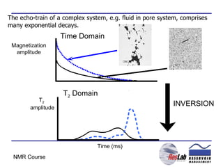 The echo-train of a complex system, e.g. fluid in pore system, comprises many exponential decays. Time Domain T 2  Domain   INVERSION Magnetization amplitude T 2   amplitude Time (ms) 