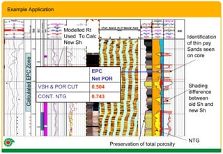 Example Application Preservation of total porosity Identification of thin pay Sands seen on core Shading difference  between old Sh and  new Sh Modelled Rt Used  To Calc New Sh Calculated EPC Zone NTG 0.743 CONT. NTG 0.504 VSH & POR CUT EPC Net POR 