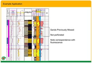 Example Application Sands Previously Missed Not perforated Note correspondence with fluorescence 