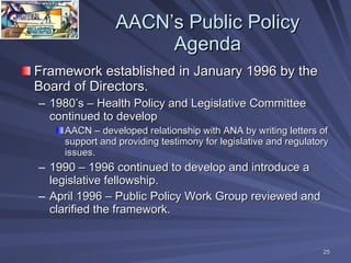 AACN’s Public Policy Agenda <ul><li>Framework established in January 1996 by the Board of Directors.  </li></ul><ul><ul><l...