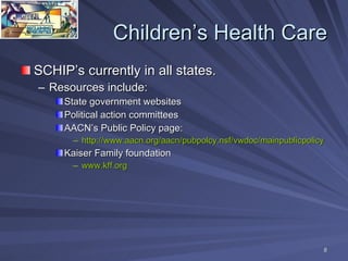 Children’s Health Care <ul><li>SCHIP’s currently in all states.  </li></ul><ul><ul><li>Resources include: </li></ul></ul><...