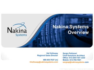 Nakina Systems  Overview  Sergio Pellizzari  Chief Solutions Architect Office: 613-254-7351 x222 Mobile: 613-794-1501 sergiop @ nakinasystems .com   Hal Holloway Regional Sales Director 469-443-7637 (m) [email_address] 
