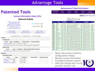 Contact Information Sheet (CIS) Advantage Tools Patented Tools Maintenance Ticket Information Quick web access to device configuration history Remote access information Printable hardware reports WAN link listings with circuit provider contact info 