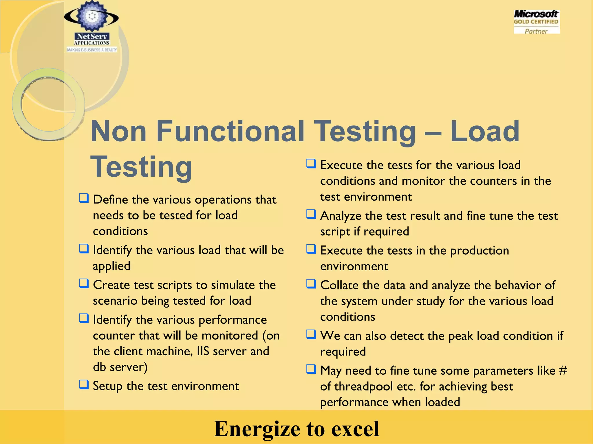 Non Functional Testing – Load Testing Define the various operations that needs to be tested for load conditions Identify the various load that will be applied Create test scripts to simulate the scenario being tested for load  Identify the various performance counter that will be monitored (on the client machine, IIS server and db server) Setup the test environment Execute the tests for the various load conditions and monitor the counters in the test environment Analyze the test result and fine tune the test script if required Execute the tests in the production environment Collate the data and analyze the behavior of the system under study for the various load conditions We can also detect the peak load condition if required May need to fine tune some parameters like # of threadpool etc. for achieving best performance when loaded 