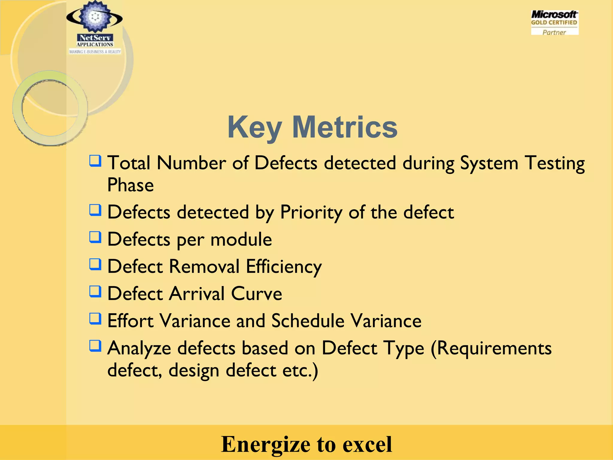 Total Number of Defects detected during System Testing Phase Defects detected by Priority of the defect Defects per module Defect Removal Efficiency Defect Arrival Curve Effort Variance and Schedule Variance Analyze defects based on Defect Type (Requirements defect, design defect etc.) Key Metrics 