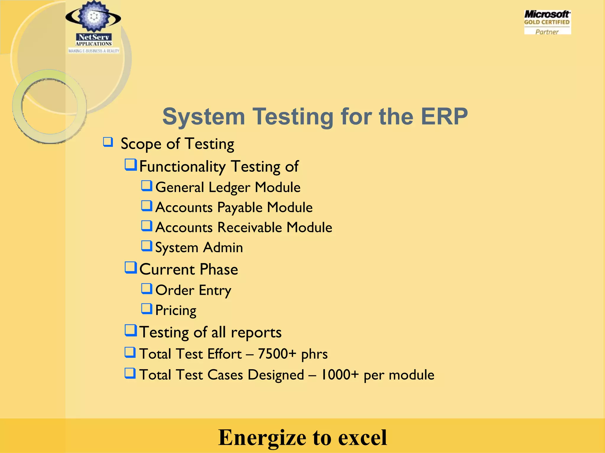 System Testing for the ERP Scope of Testing Functionality Testing of General Ledger Module Accounts Payable Module Accounts Receivable Module System Admin Current Phase Order Entry Pricing Testing of all reports  Total Test Effort – 7500+ phrs Total Test Cases Designed – 1000+ per module 