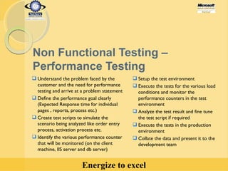 Non Functional Testing – Performance Testing Understand the problem faced by the customer and the need for performance testing and arrive at a problem statement Define the performance goal clearly (Expected Response time for individual pages , reports, process etc.) Create test scripts to simulate the scenario being analyzed like order entry process, activation process etc. Identify the various performance counter that will be monitored (on the client machine, IIS server and db server) Setup the test environment  Execute the tests for the various load conditions and monitor the performance counters in the test environment Analyze the test result and fine tune the test script if required Execute the tests in the production environment Collate the data and present it to the development team 