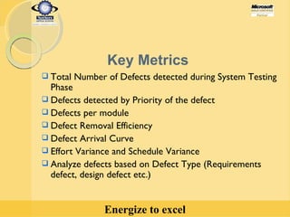 Total Number of Defects detected during System Testing Phase Defects detected by Priority of the defect Defects per module Defect Removal Efficiency Defect Arrival Curve Effort Variance and Schedule Variance Analyze defects based on Defect Type (Requirements defect, design defect etc.) Key Metrics 