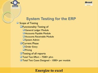 System Testing for the ERP Scope of Testing Functionality Testing of General Ledger Module Accounts Payable Module Accounts Receivable Module System Admin Current Phase Order Entry Pricing Testing of all reports  Total Test Effort – 7500+ phrs Total Test Cases Designed – 1000+ per module 