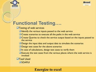 Functional Testing…. Testing of web services  Identify the various inputs passed to the web service  Create scenarios to execute all the paths in the web service Create Queries to check the service output based on the inputs passed to the service Design the input data and output data to simulate the scenarios Design test cases for the above scenarios In case of calculations, design test cases to verify them Execute the test cases from the various places where the web service is invoked Tool Used SOAPUI 