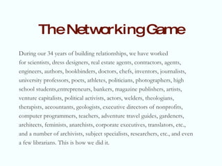 The Networking Game ,[object Object],[object Object],[object Object],[object Object],[object Object],[object Object],[object Object],[object Object],[object Object],[object Object],[object Object]