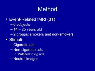 Method Event-Related fMRI (3T) 6 subjects 14 – 25 years old 2 groups: smokers and non-smokers Stimuli Cigarette ads Non-cigarette ads Matched to cig ads Neutral images 